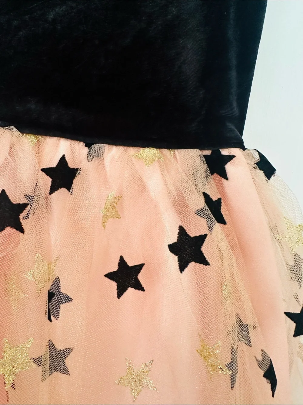 Zunie Black Velvet Bodice with Peach Star Tulle Skirt Girls' Formal Dress